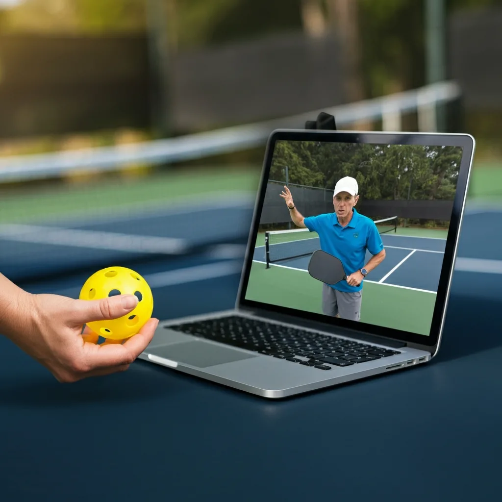 A person holds a yellow pickleball next to a laptop showing an instructor on a pickleball court.