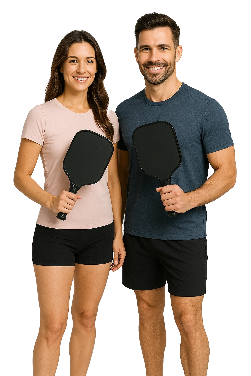 A man and woman smiling, holding pickleball paddles, wearing casual athletic outfits.