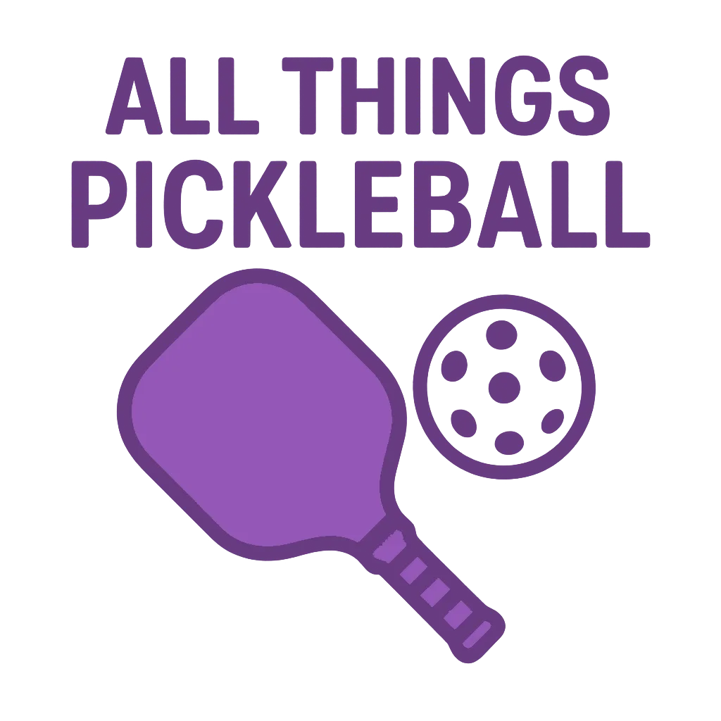 Purple text "All Things Pickleball" with a paddle and ball graphic.