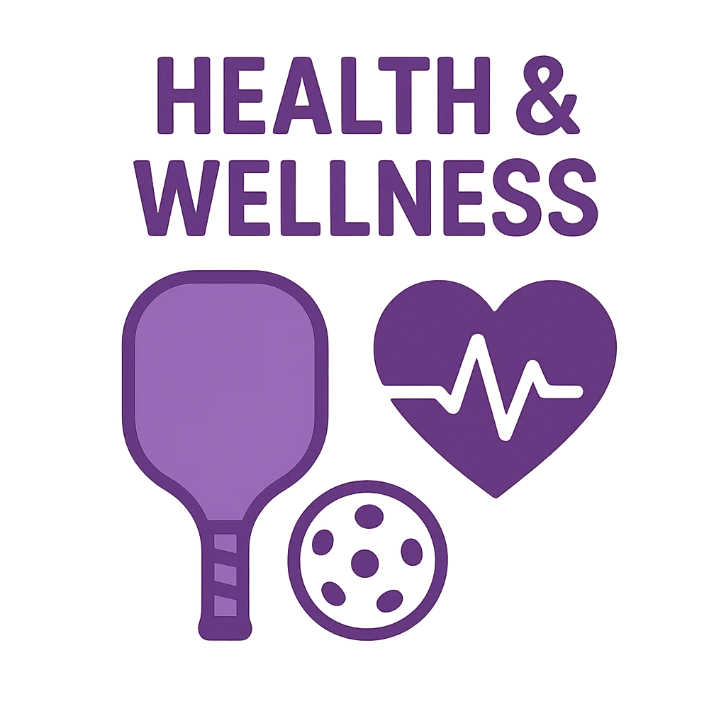 Purple health and wellness icons: paddle, ball, heart with heartbeat line.