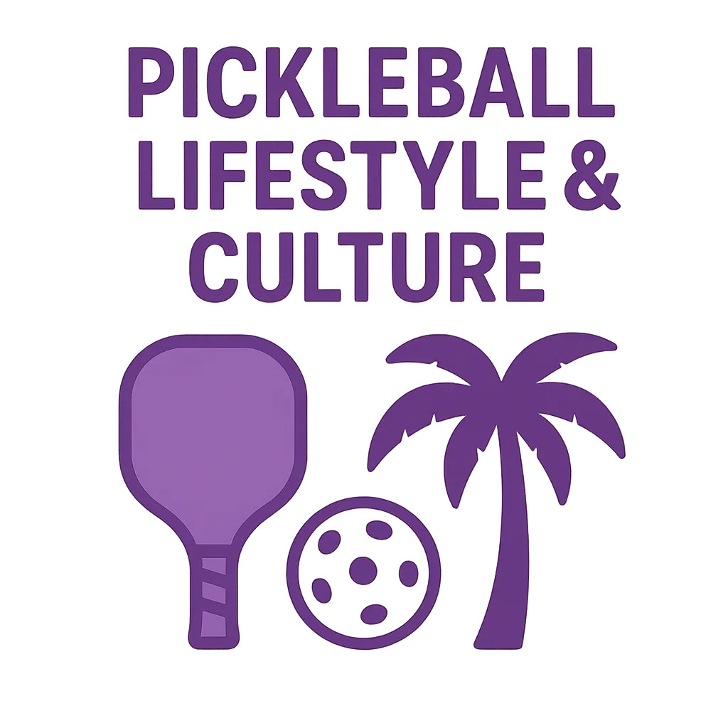 Pickleball Lifestyle & Culture logo with paddle, ball, and palm tree icons in purple.