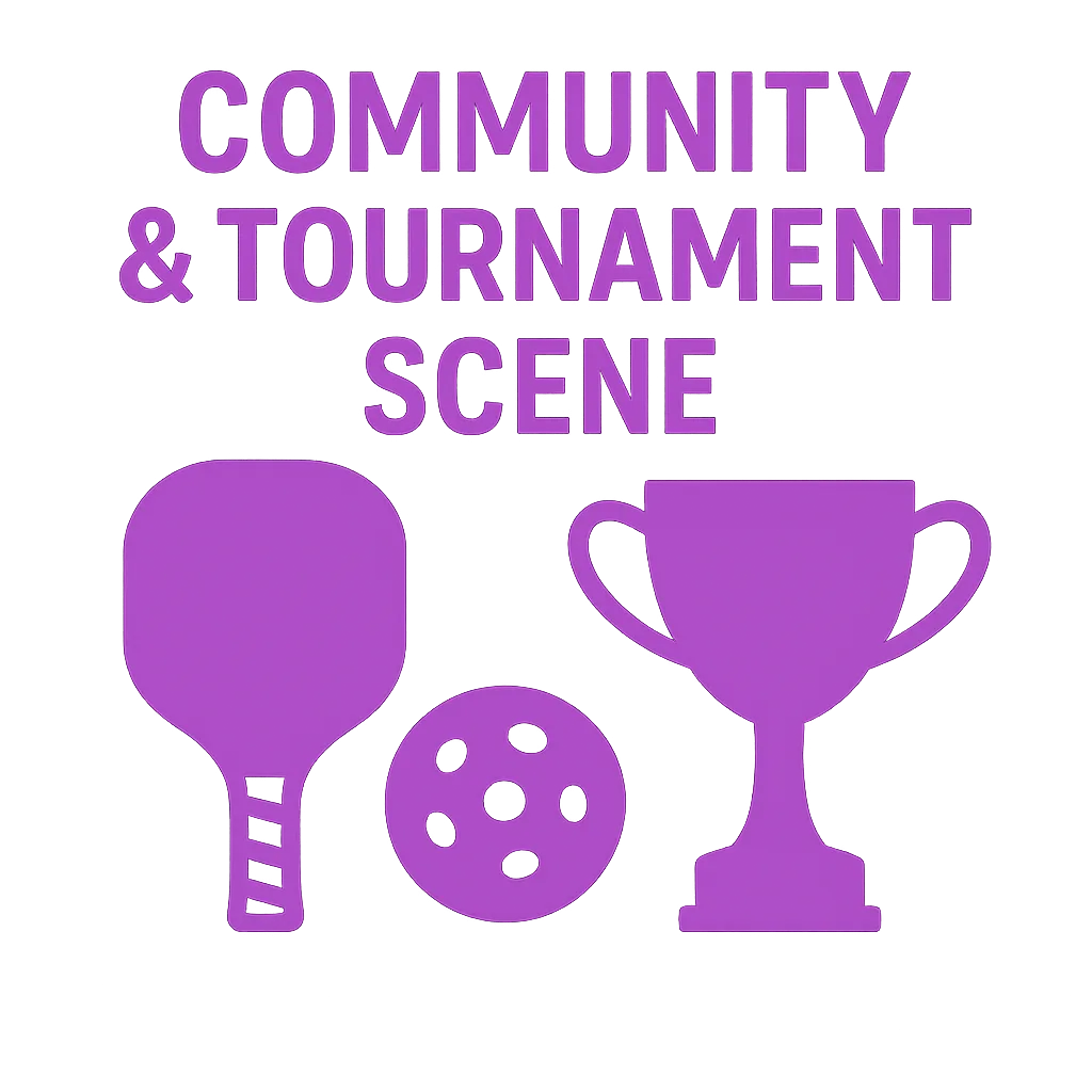 Purple text saying "Community & Tournament Scene" with paddle, ball, and trophy icons.