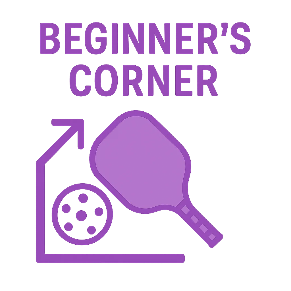 Purple design with "Beginner's Corner," featuring a pickleball paddle and ball on a dark background.